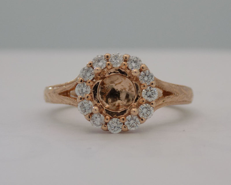 Rose gold round engraved halo semi-mount engagement ring for 1 carat center stone