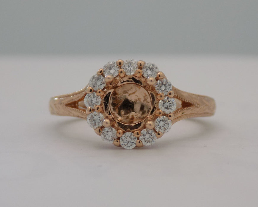 Rose gold round engraved halo semi-mount engagement ring for 1 carat center stone