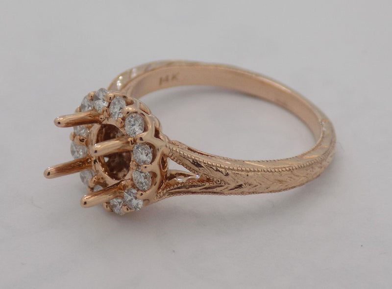 Rose gold round engraved halo semi-mount engagement ring for 1 carat center stone