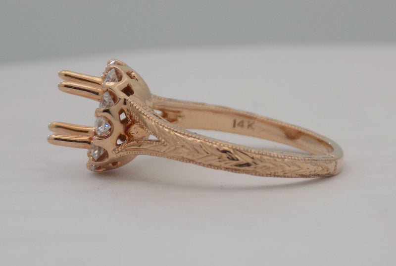 Rose gold round engraved halo semi-mount engagement ring for 1 carat center stone
