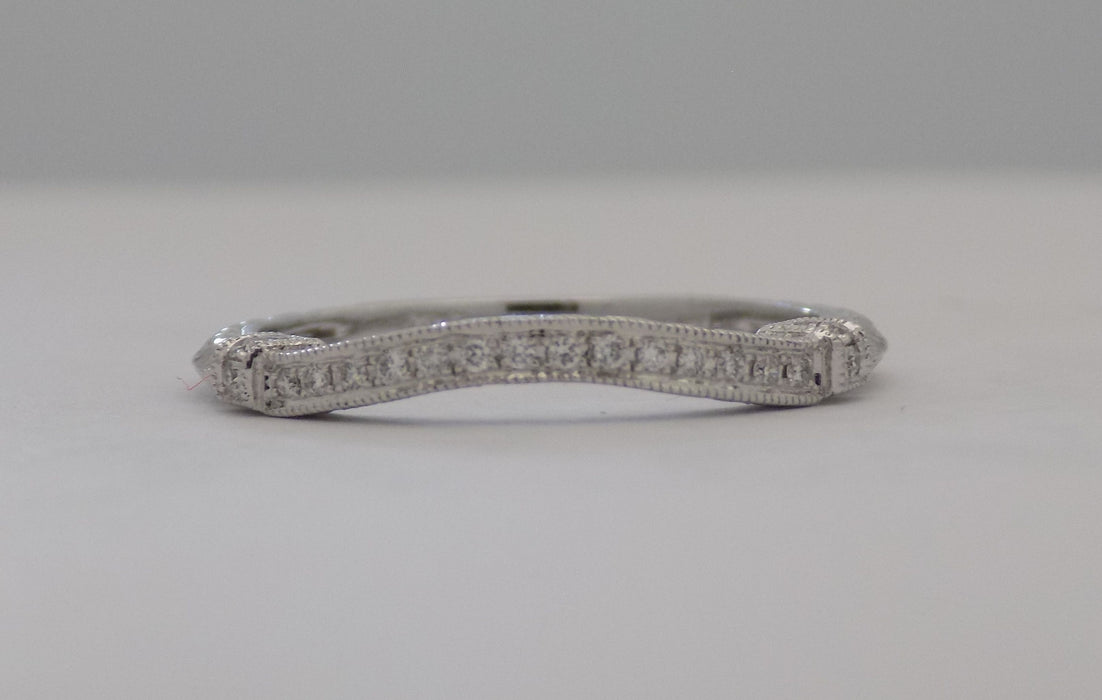 White gold shaped engraved diamond wedding band