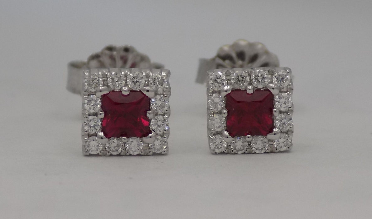 White gold square rubies in square halo diamond earrings