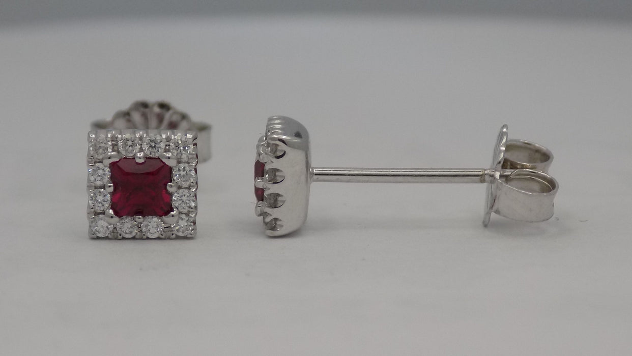 White gold square rubies in square halo diamond earrings