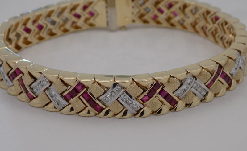 Yellow gold caliber cut natural ruby/diamond bracelet