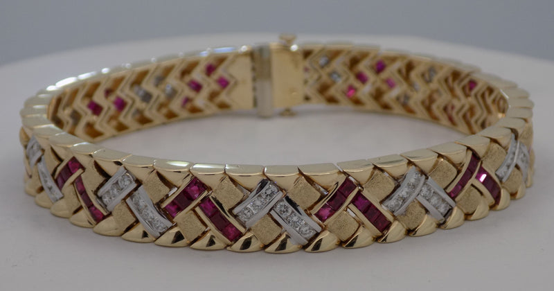 Yellow gold caliber cut natural ruby/diamond bracelet