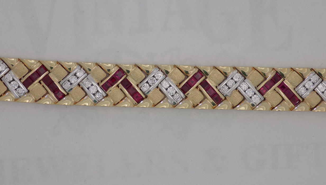 Yellow gold caliber cut natural ruby/diamond bracelet