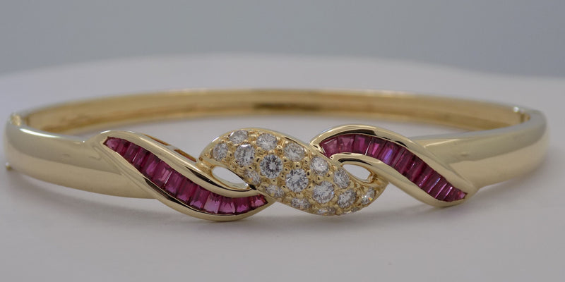 Yellow gold natural rubies and diamond bangle bracelet