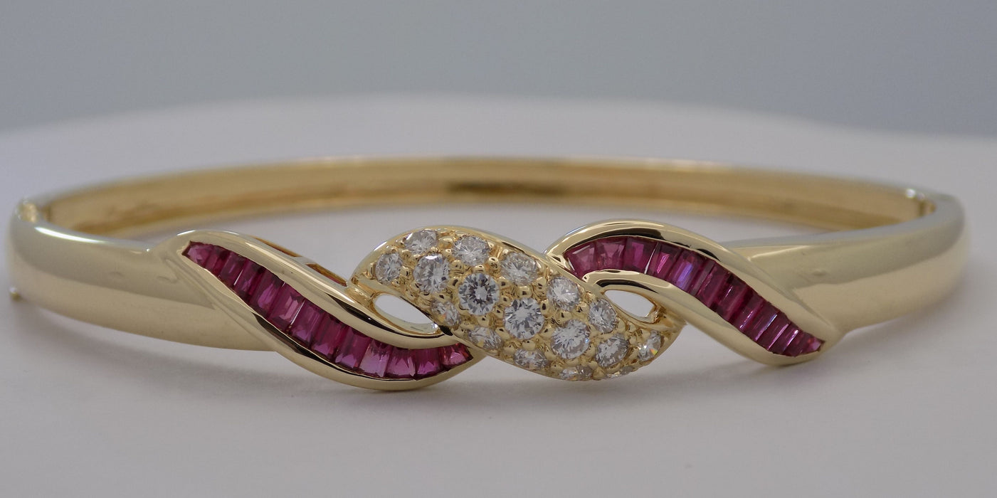 Yellow gold natural rubies and diamond bangle bracelet