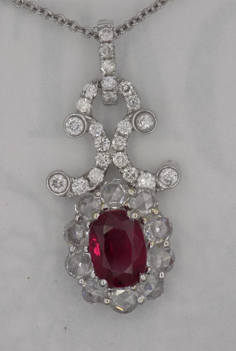 White gold natural oval ruby diamond pendant
