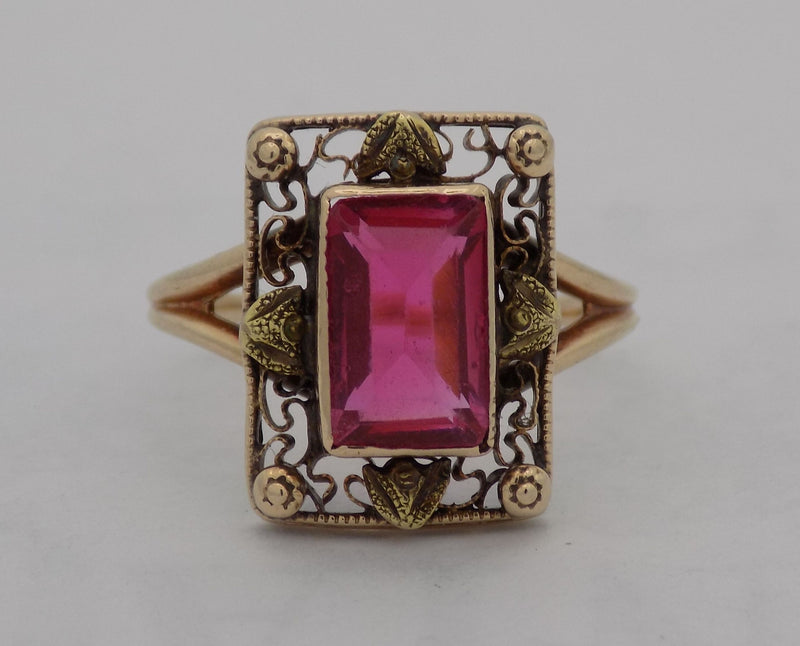 Yellow gold synthetic ruby antique ring