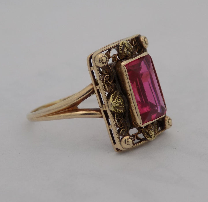 Yellow gold synthetic ruby antique ring