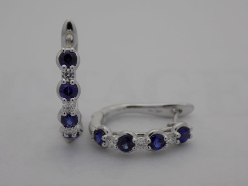 18 karat white gold blue sapphire diamond hoop earrings