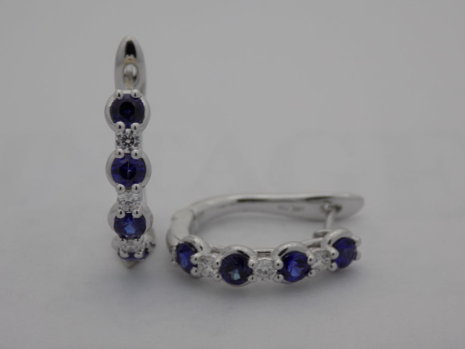18 karat white gold blue sapphire diamond hoop earrings