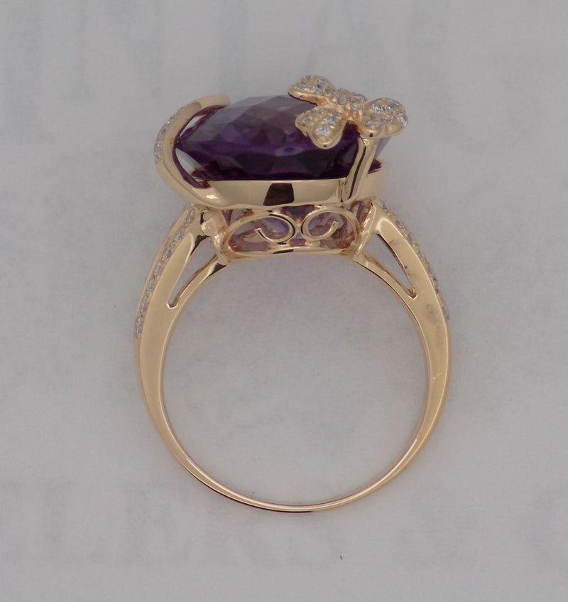 Rose gold floral motif amethyst and diamond ring.