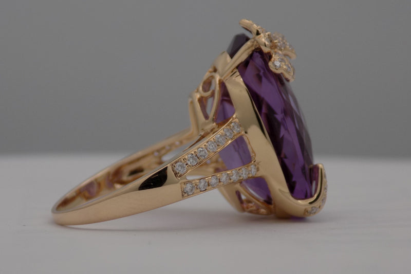Rose gold floral motif amethyst and diamond ring.