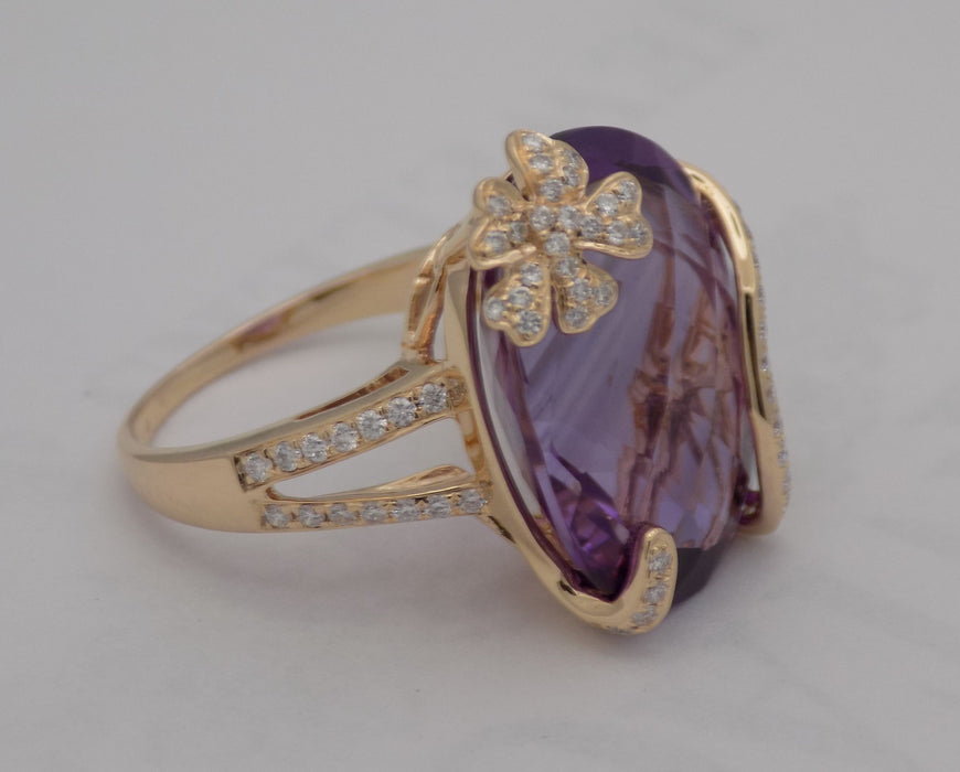 Rose gold floral motif amethyst and diamond ring.