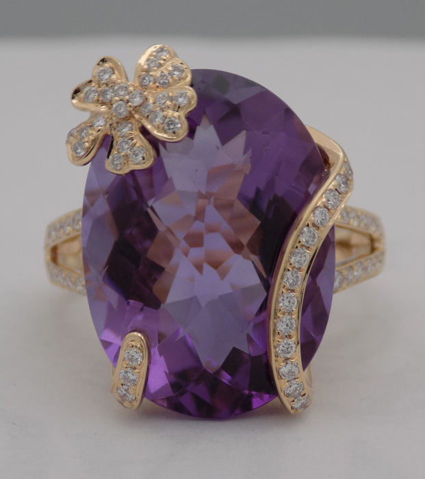Rose gold floral motif amethyst and diamond ring.
