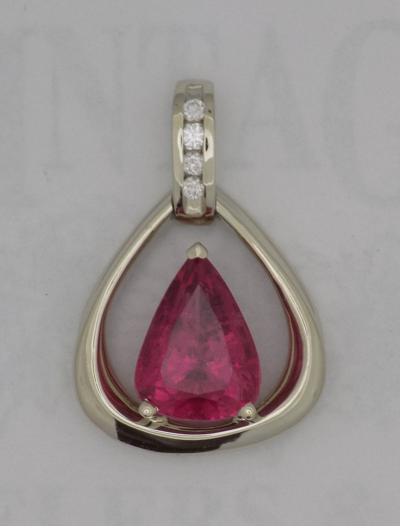 White gold pear shaped rubellite tourmaline pendant.