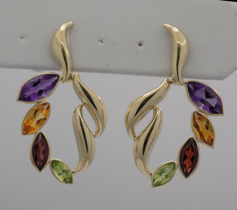Yellow gold estate multi color stone drop earrings.