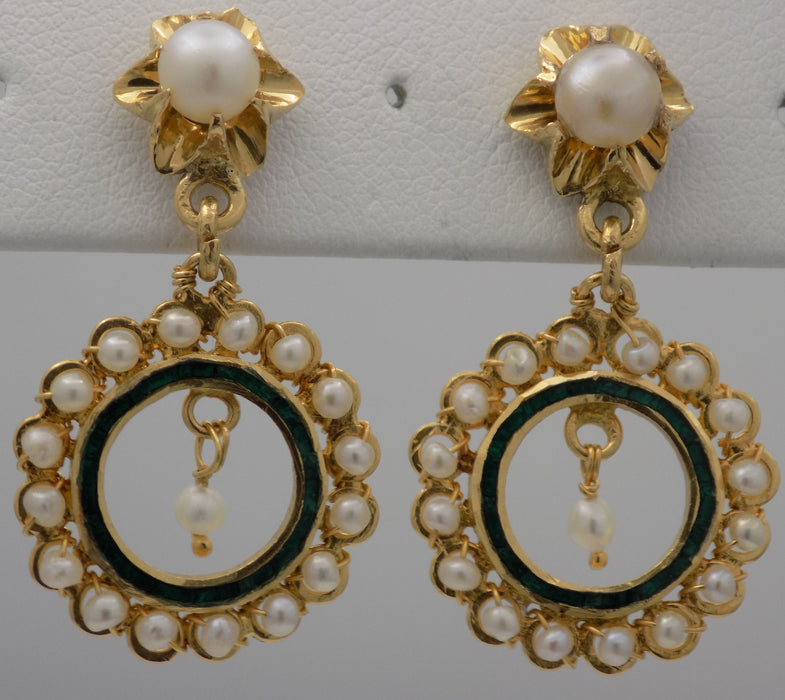 Yellow gold estate Art Nouveau pearl drop earrings with enameling.