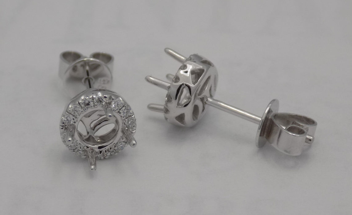 White gold halo diamond earring semi-mounts for 5 mm round stones.