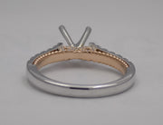 14 karat two-tone, white and rose gold diamond semi-mount engagement ring with infinity design, back view.