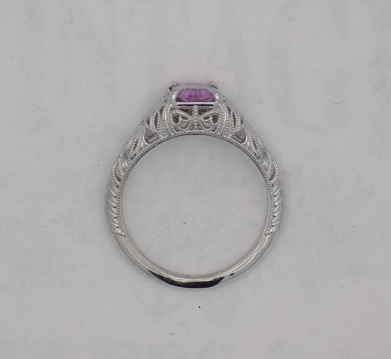 White gold filigree style radiant cut natural pink sapphire ring.