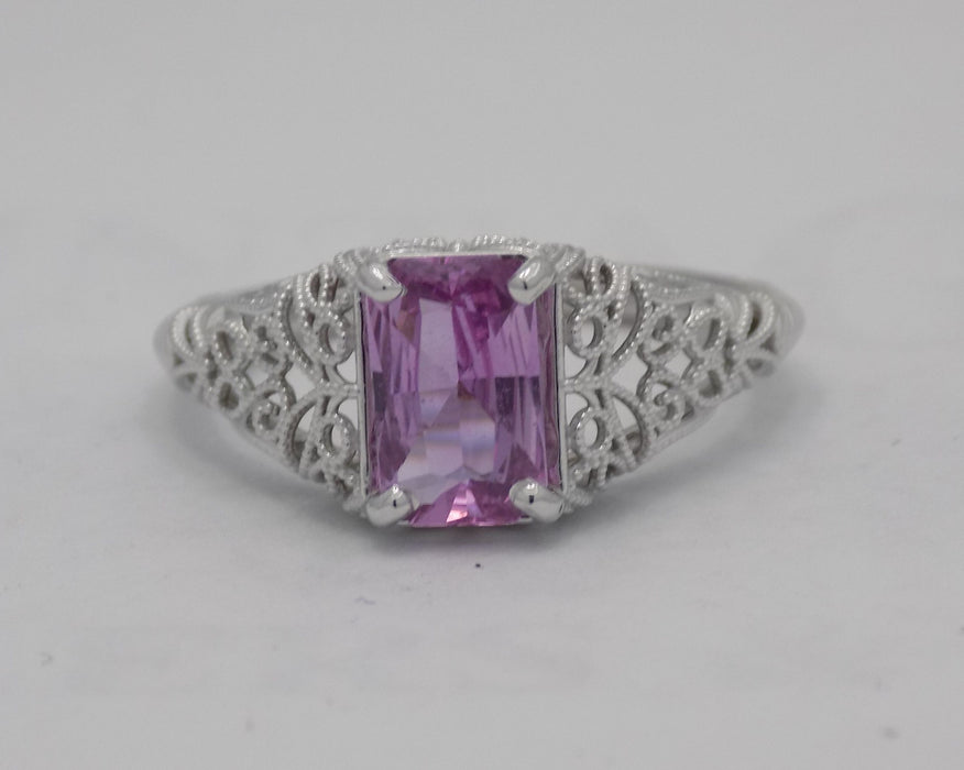 White gold filigree style radiant cut natural pink sapphire ring.