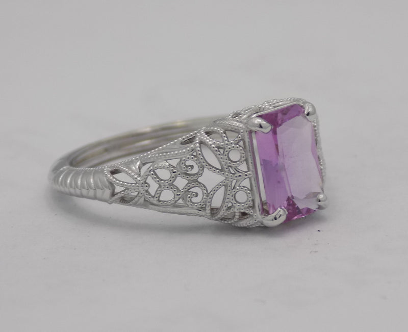 White gold filigree style radiant cut natural pink sapphire ring.