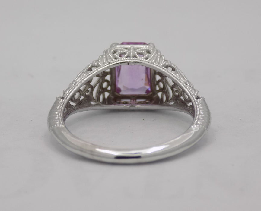 White gold filigree style radiant cut natural pink sapphire ring.