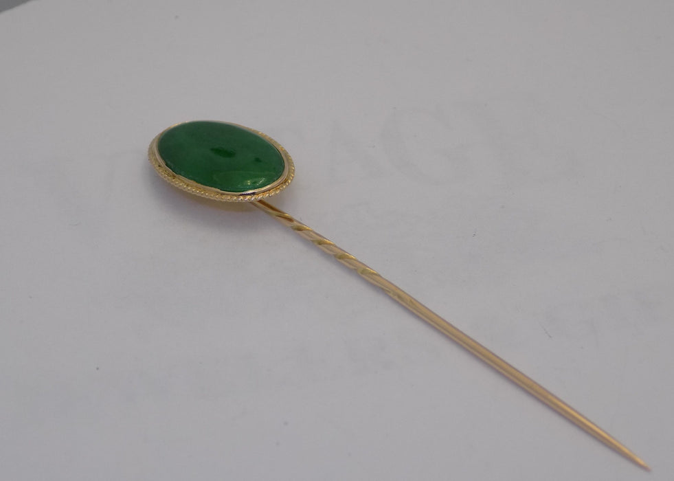 18k yellow gold oval fine green jadeite stickpin, front angled view