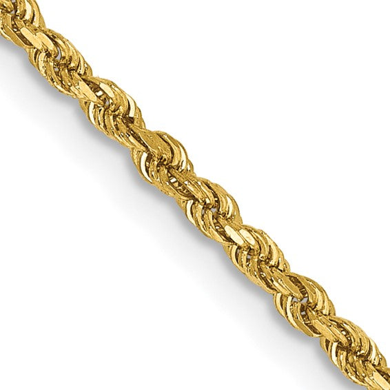 14 karat yellow gold 18" 1.75 mm solid diamond cut rope chain with lobster clasp, close-up