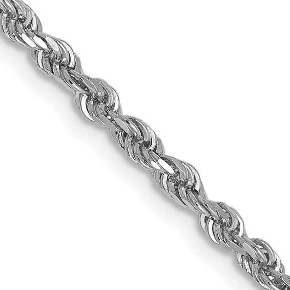 14 karat white gold diamond cut 2.5 mm solid rope chain, close up