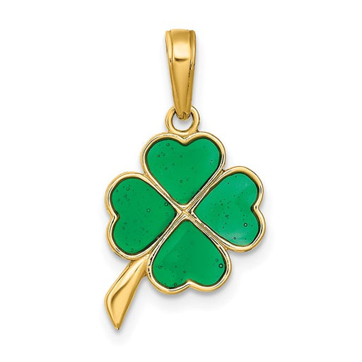 14 karat yellow gold 4-leaf clover charm or pendant with translucent green enamel-like color