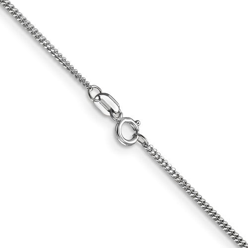 14 karat white gold fine 1.3 mm polished curb link chain with spring ring clasp and rhodium finish