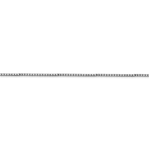 Medium weight 1 mm solid 14 karat white gold 16" box chain, rhodium finished with lobster clasp