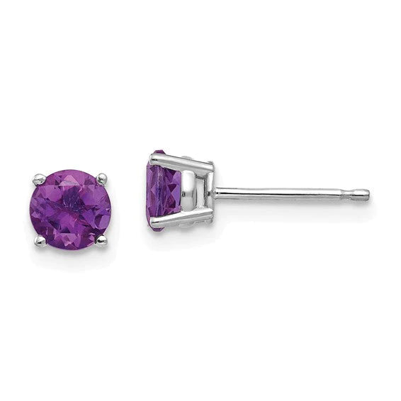 14 karat white gold 5 mm round amethyst stud pierced earrings with rhodium finish