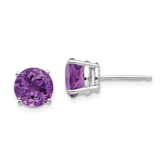 14 karat white gold 7 mm round amethyst pierced stud earrings with rhodium finish