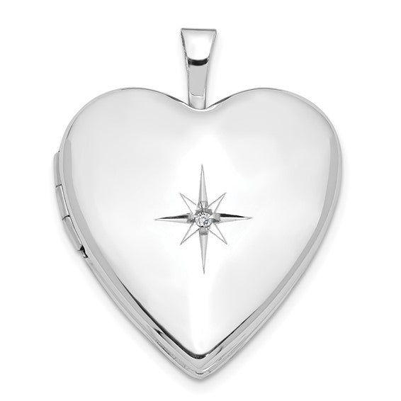 14 karat white gold heart shaped hinged locket with a .01 carat diamond in the center.