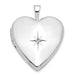 14 karat white gold heart shaped hinged locket with a .01 carat diamond in the center.