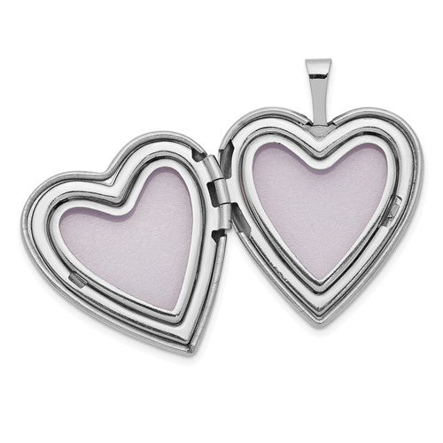Open, showing inside of 14 karat white gold heart shaped hinged locket with a .01 carat diamond in the center