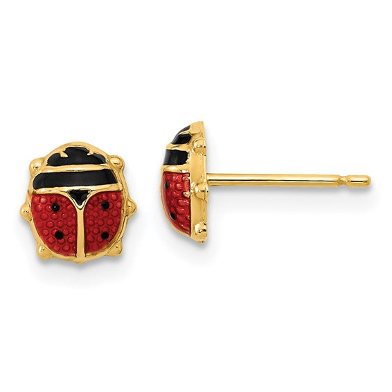 14 karat yellow gold ladybug stud earrings with red and black enameling