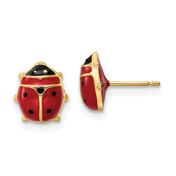 14 karat yellow gold ladybug stud earrings with red and black enameling