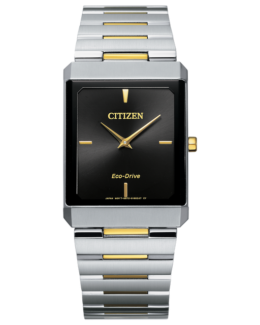 Men's two tone ultra thin Citizen bracelet square tank watch with black dial