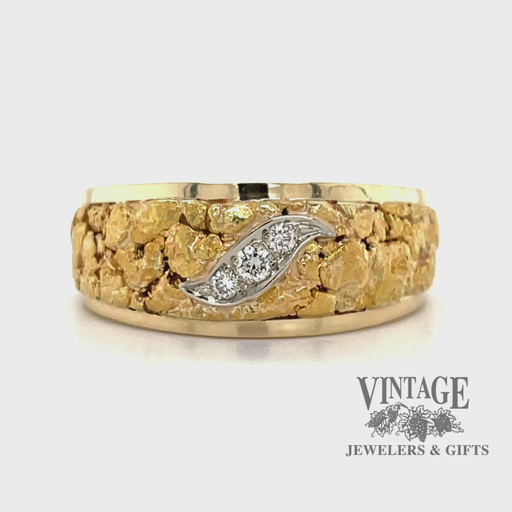 Revolving video of 14 karat yellow gold band ring with diamonds and natural Gold nugget inlay