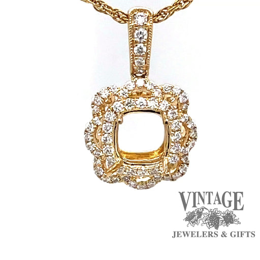 Revolving video of 14 karat yellow gold diamond halo cushion shape semi mount pendant
