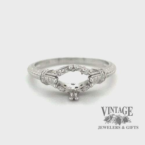 Revolving video of 14 karat white gold Edwardian inspired diamond semi-mount ring