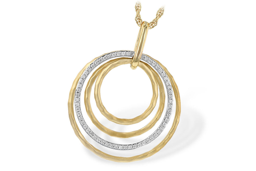 Multi circle 14k two tone gold and diamond pendant, close up top