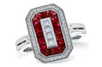 Vintage inspired 14 karat white gold natural ruby and diamond octagonal shape ring, angled close up