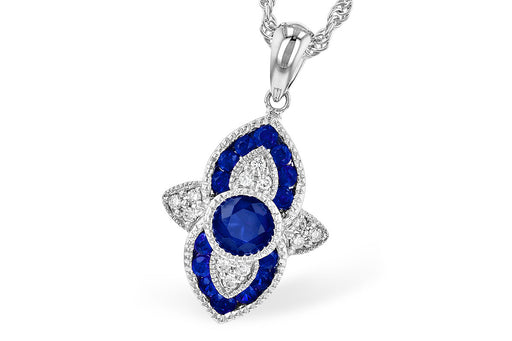 14 karat white gold natural blue sapphire and diamond  pendant, angled